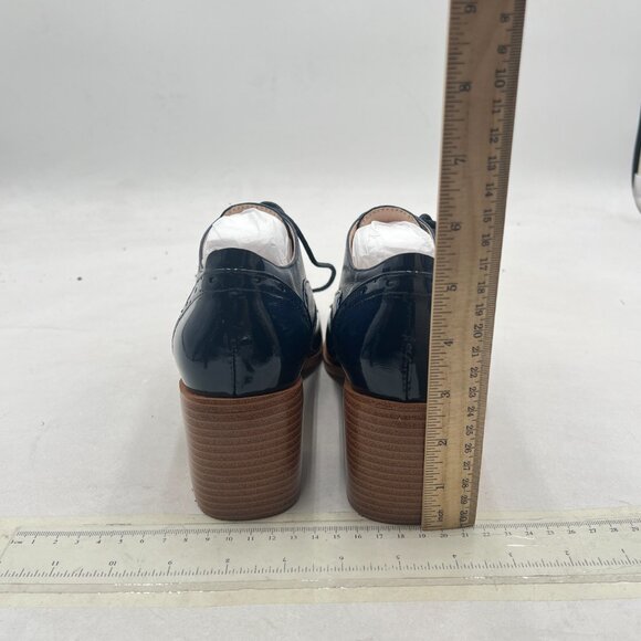 FOWT Midnight Blue Perforated Lace-Up Oxfords Almond Toe Mid Chunky Heel Shoes - Picture 5 of 8